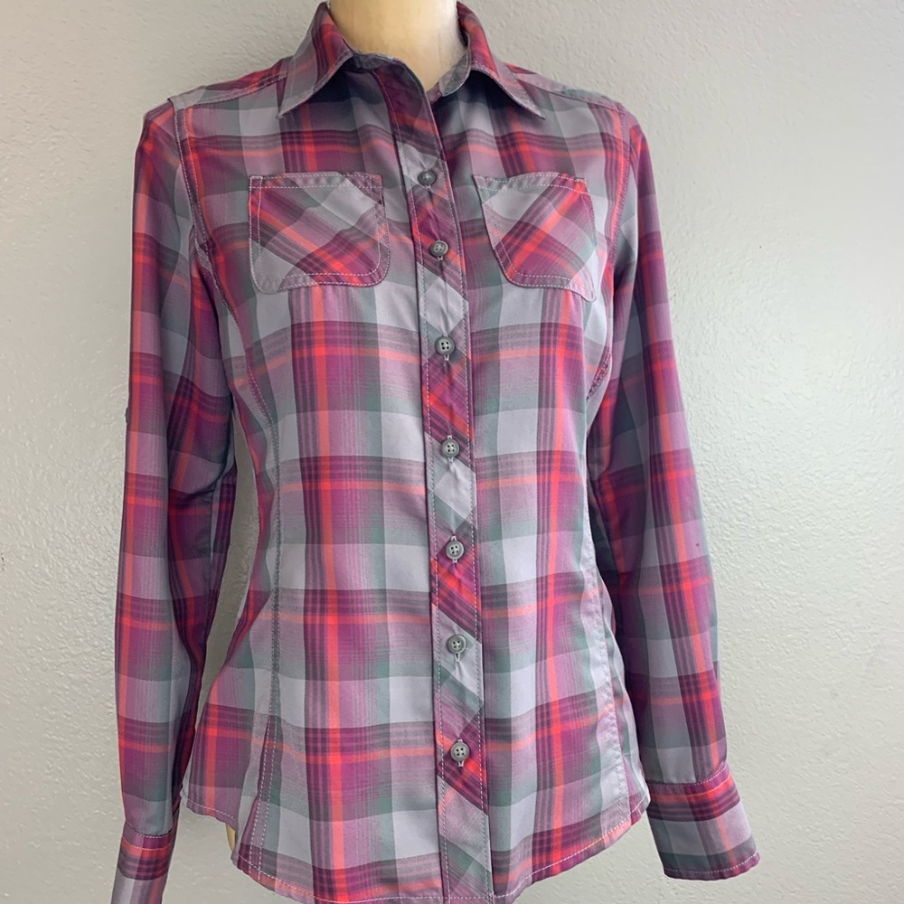 Ascend Purple & Gray Plaid Button Down Top XS
